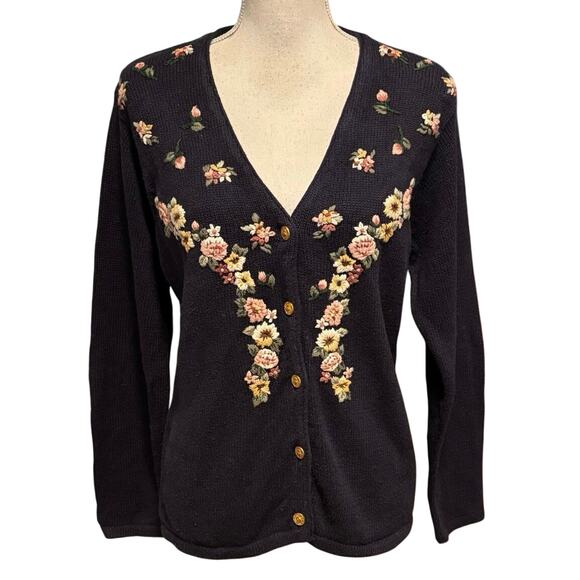 Ashley Size M Hand Embroidered Floral Cardigan Sweater V Neck Goldtone Buttons - Picture 1 of 5